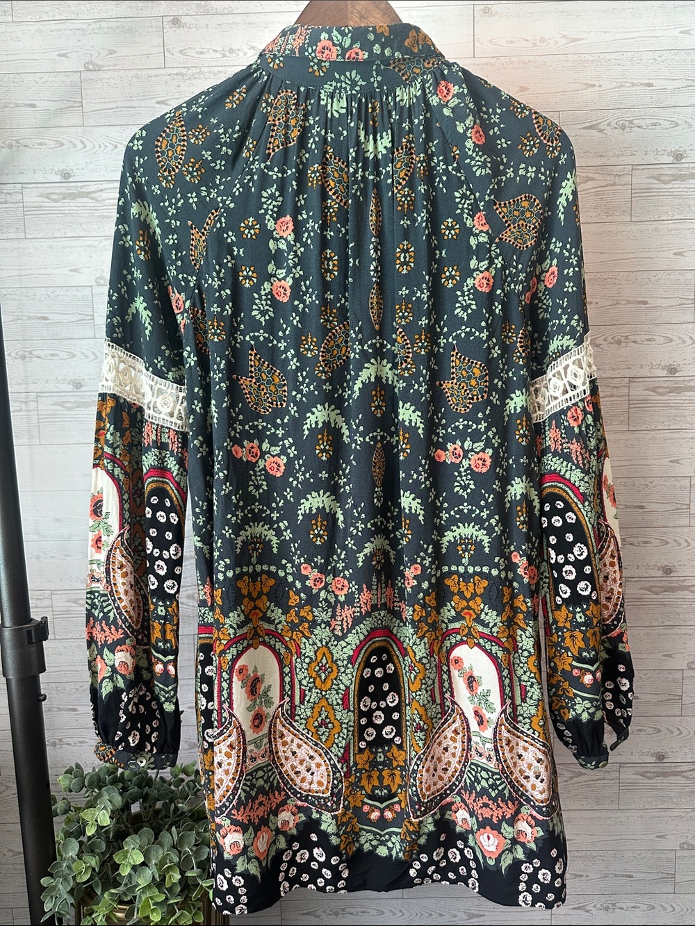 Entro Boutique Boho Floral Paisley Tunic Dress Small Crochet Lace Long Sleeve - Picture 6 of 13